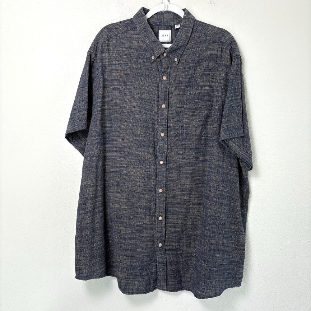 Rowm‎ Button Up Shirt Mens 3XB Blue Tan Short Sleeve Casual Cotton